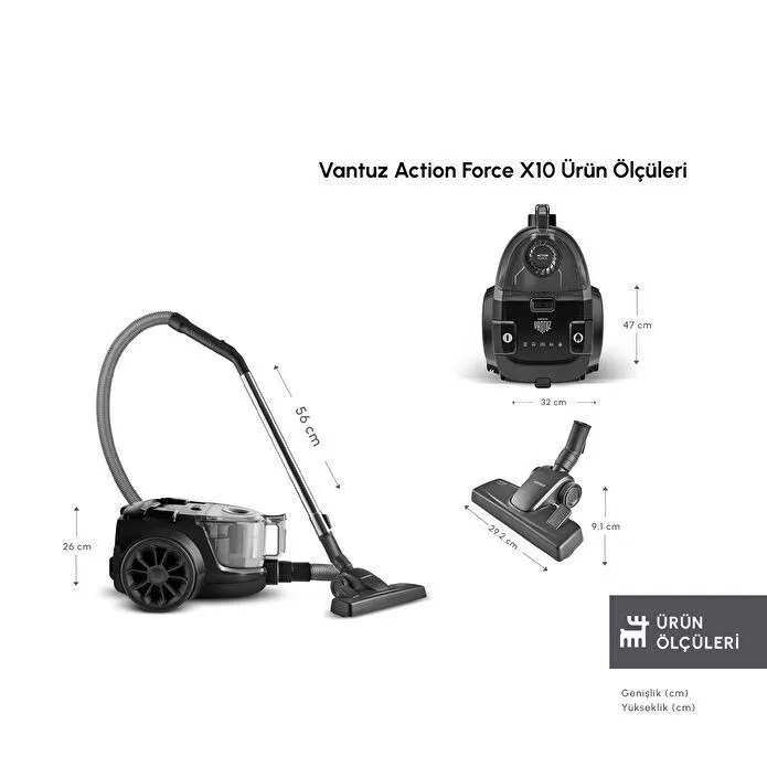 Karaca Vantuz Action Force X10 2 Lt Toz Torbasız Hazneli Elektrikli Süpürge Black 899 W - 2